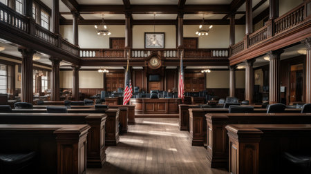 Spacious and well-furnished courtroom featuring modern wooden architecture. Generative AIの素材
