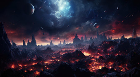Breathtaking deep space scene with stars, dark planets and a mystical landscape. Generative AIの素材
