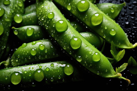 Close-Up Fresh Green Peapods with Water Drops. Generative AIの素材