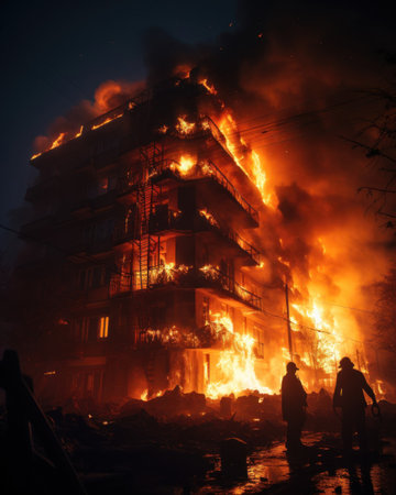 Firefighters confront massive blaze engulfing residential building amidst the darkness of urban night. Generative AIの素材