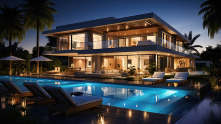 Stylish modern villa with an outdoor pool illuminated at dusk. Generative AIの素材