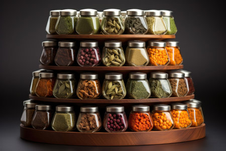 Neatly organized collection of spices and herbs in glass jars presented on tiered wooden shelves. Generative AIの素材
