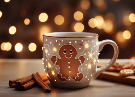 festive holiday mug decorated with a gingerbread man design and warm glowing lights. Generative AIの素材