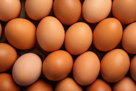 close-up of brown eggs neatly arranged on wooden surface. Generative AIの素材