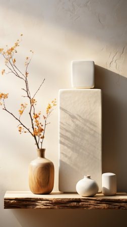 Elegant home decor with vases on wooden shelf against a textured wall.. Generative AIの素材