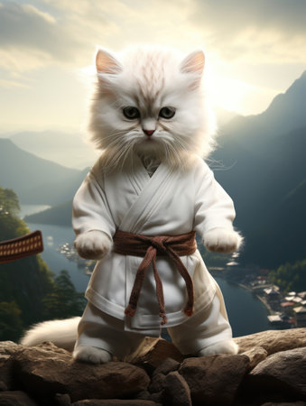 Fluffy white cat in kimono stands in top of mountain at sunrise. Generative AIの素材