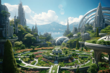 Verdant botanical gardens nestled among sleek, futuristic architecture in an advanced city. Generative AIの素材