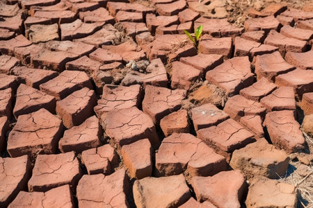 Abstract background of dry cracked red clay soil texture in barren landscape. Generative AIの素材