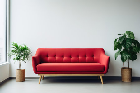Minimalist interior design featuring red sofa and potted plants against white wall. Generative AIの素材