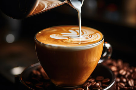 Close-up of barista creating latte art in a glass cup with precision and skill.. Generative AIの素材