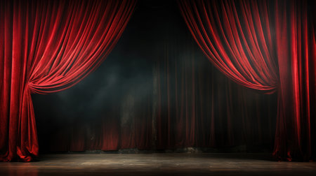 Dramatic Theater Stage with Velvet Red Curtain. Generative AIの素材