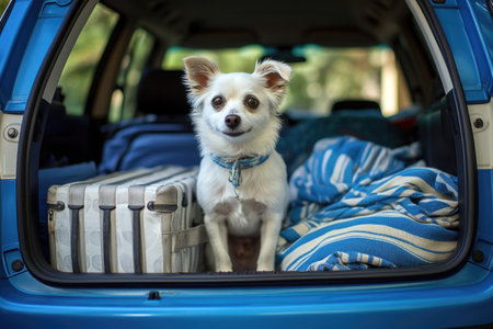 Cute small white dog ready for a road trip in car trunk. Generative AIの素材