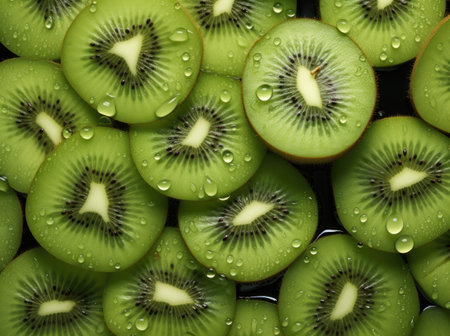 Close-up of fresh kiwi slices with water droplets. Generative AIの素材