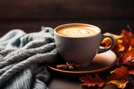 Steaming cup of coffee with latte surrounded by autumn leaves and warm scarf.. Generative AIの素材