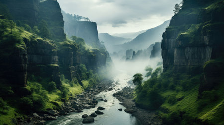 Serene foggy canyon with a river flowing through it surrounded by lush greenery and towering cliffs. Generative AIの素材