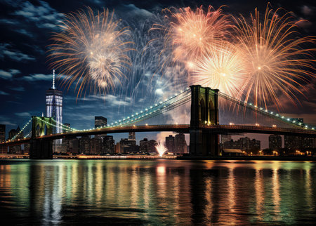 Spectacular fireworks lighting up the night sky over the Brooklyn Bridge with the city skyline in the background. Generative AIの素材