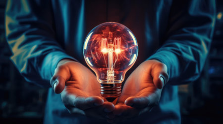 Hand cradling glowing light bulb, symbolizing ideas, innovation and inspiration. Generative AIの素材