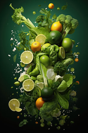 Scattered composition of green vegetables and fruits floating in the air. Generative AIの素材
