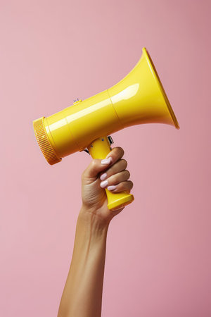 woman's hand with pink nails holding yellow megaphone against pink background. Generative AIの素材