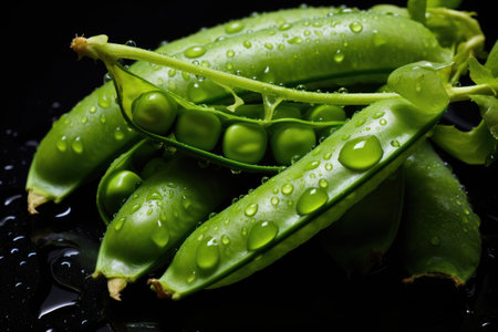 Close-Up Fresh Green Peapods with Water Drops. Generative AIの素材