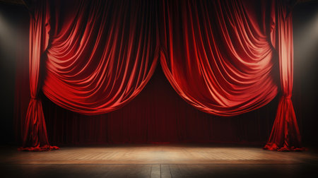 Dramatic Theater Stage with Velvet Red Curtain. Generative AIの素材