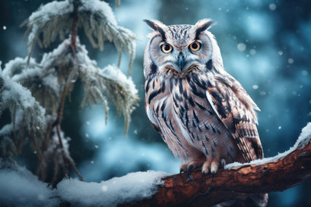 Owl perched on a snowy branch in winter forest. Generative AIの素材