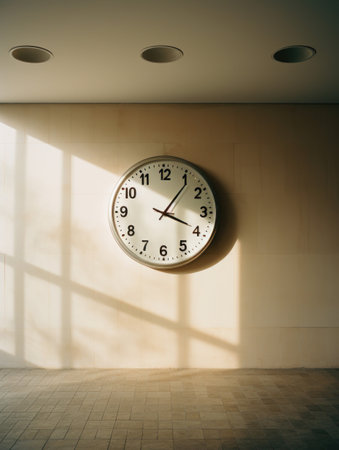 One clock hangs on empty wall casting long shadow in the morning light. Generative AIの素材