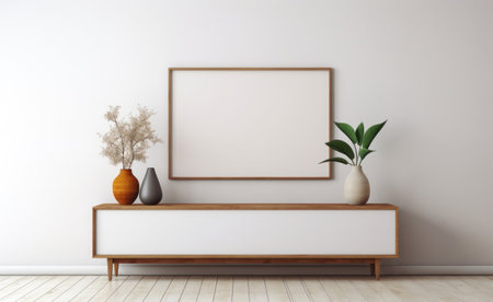 Minimalist home design with wooden sideboard and blank frame against white wall. Generative AIの素材