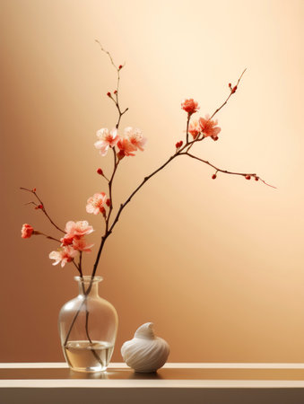 Cherry Blossom Branch in a Simple Vase on beige background. Generative AIの素材