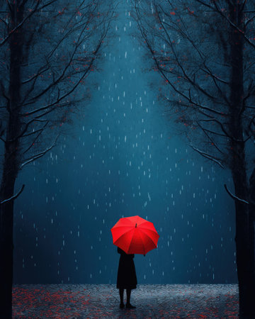 Lone Person with Red Umbrella in Rainy Forest. Generative AIの素材