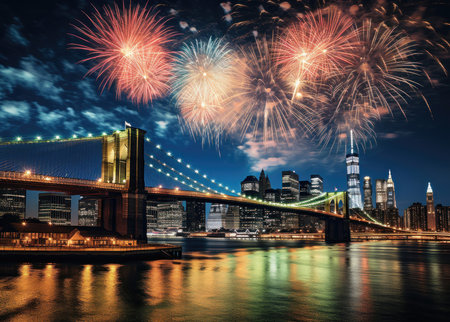 Spectacular fireworks lighting up the night sky over the Brooklyn Bridge with the city skyline in the background. Generative AIの素材