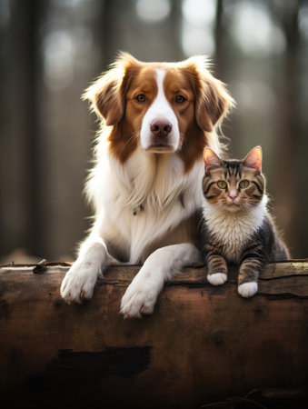 golden retriever and poised tabby cat together on a log in forest. Generative AIの素材