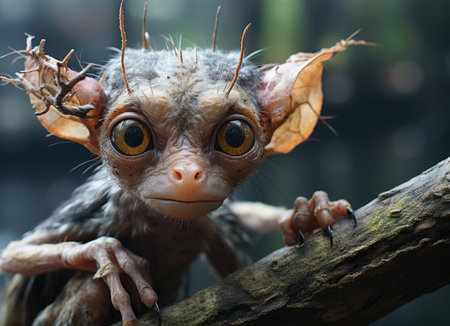 Enchanting Fantasy Creature Clinging to a Tree Branch. Generative AIの素材