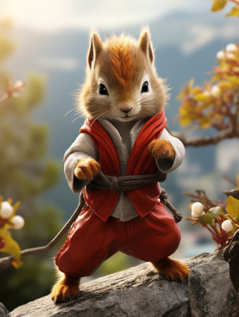 Red squirrel stands poised in martial arts stance wearing red gi. Spirit of oriental martial arts. Generative AIの素材