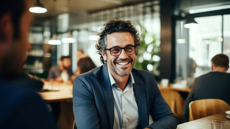 friendly businessman with curly hair smiling casual meeting at modern coworking space. Generative AIの素材