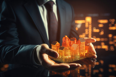 Business professional holding glowing projection of buildings representing real estate investment. Generative AIの素材