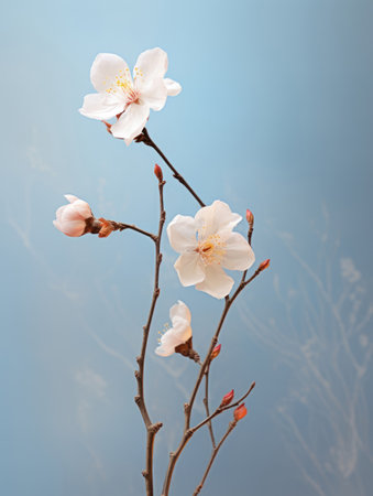 Delicate Cherry Blossoms on Blue Background. Generative AIの素材