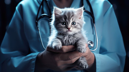 Veterinarian in scrubs gently holding fluffy gray kitten with care. Generative AIの素材