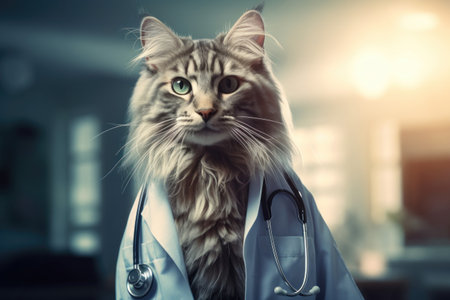 Majestic long-haired cat wearing veterinarian's white coat with a stethoscope. Generative AIの素材
