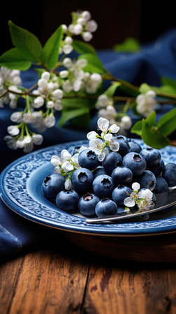 Ripe blueberries on blue and white patterned plate. Generative AIの素材