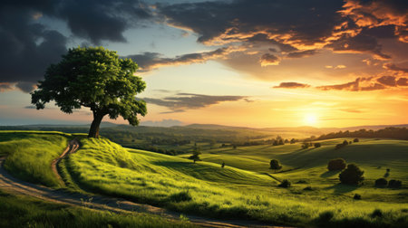 solitary tree stands at sunset on a picturesque green hill with a winding path. Generative AIの素材