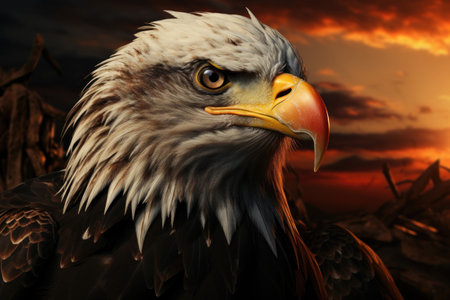 close-up of majestic eagle set against the background of fiery sunset sky. Generative AIの素材
