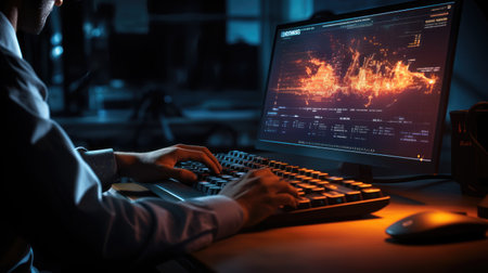 Man analyzing complex data visualizations on a computer screen in dark office setting. Generative AIの素材