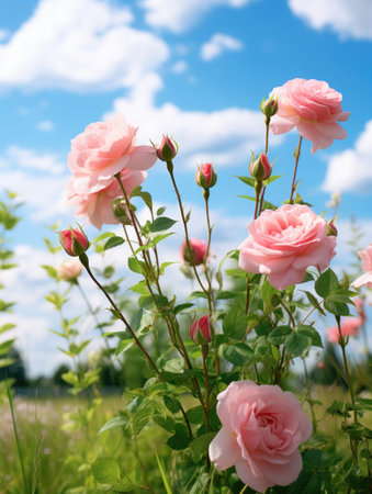 Few delicate pink roses bloom against clear blue sky and green grass. Generative AIの素材