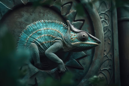 Vivid green chameleon in a mystical environment. Animals concept. Generative AIの素材