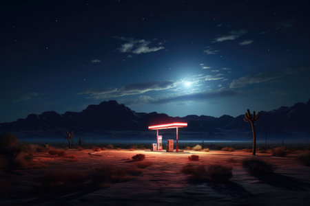 Gas station glowing under moonlit night sky in serene desert landscape. Generative AIの素材