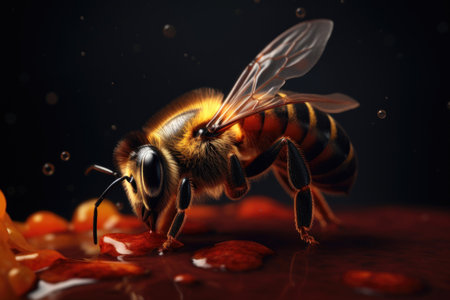 Honey bee collecting nectar on honeycomb, close-up. Generative AIの素材