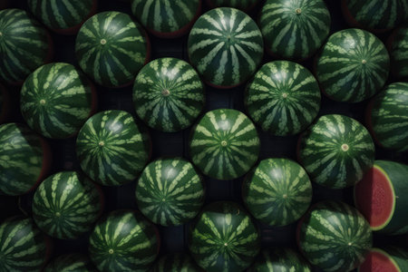 Top view of ripe watermelons stacked for sale. Food concept. Generative AIの素材