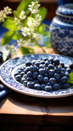 Ripe blueberries on blue and white patterned plate. Generative AIの素材