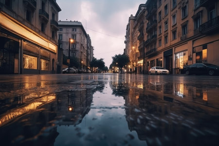 Rain in the city. Wet urban road reflecting city lights after the rain at dusk.. Generative AIの素材